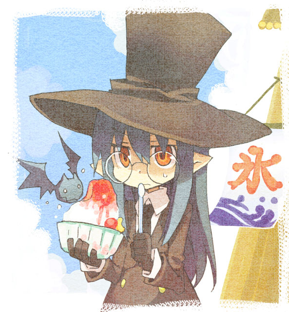 bat_(animal), black_hair, food, glasses, hat, hitsugi_katsugi_no_kuro, kiyuzuki_satoko, kuro_(hitsugi_katsugi_no_kuro)