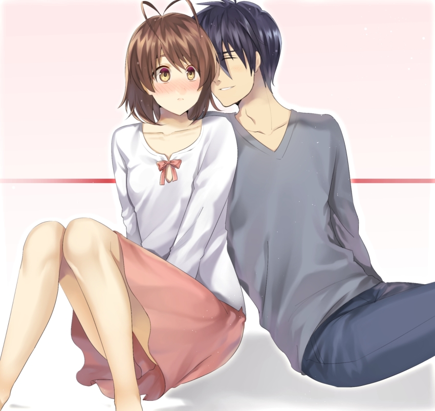00s, 1boy, 1girl, blue_hair, blush, brown_eyes, brown_hair, clannad
