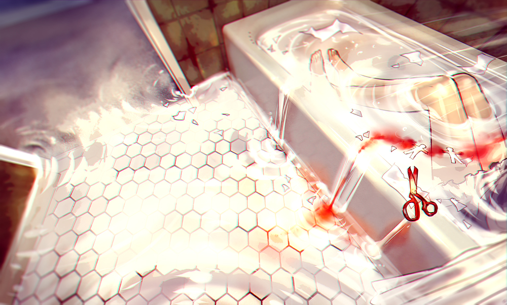 1girl, bare_legs, barefoot, bathroom, bathtub, black_dress, blood, blood_on_scissors