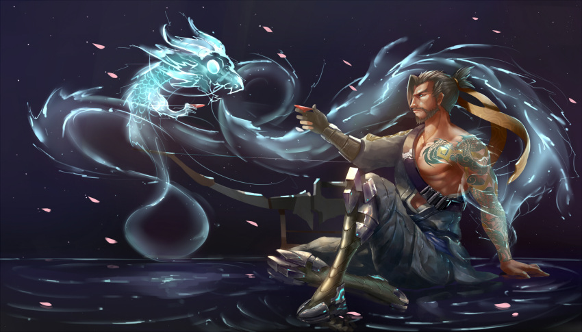 1boy, alcohol, armor, armored_boots, asymmetrical_clothes, baggy_pants, bandolier, bare_shoulders