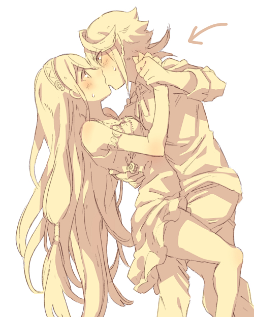 1boy, 1girl, aisutabetao, azura_(fire_emblem), blush, breasts, male_corrin_(fire_emblem), couple, cousins, dancing, dress, fire_emblem, fire_emblem_fates, hetero, image_sample, incest, kiss, long_hair, nintendo, pixiv_sample, pointy_ears, surprise_kiss, surprised