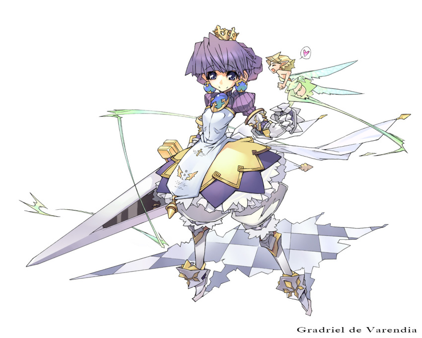 2girls, arlia, armor, armored_dress, bloomers, boots, braid, character_name, crown, dress, fairy, french_braid, gauntlets, gold_crown, gradriel, knee_boots, multiple_girls, phase_shift, princess_crown, sword, underwear, weapon, white_background, white_bloomers