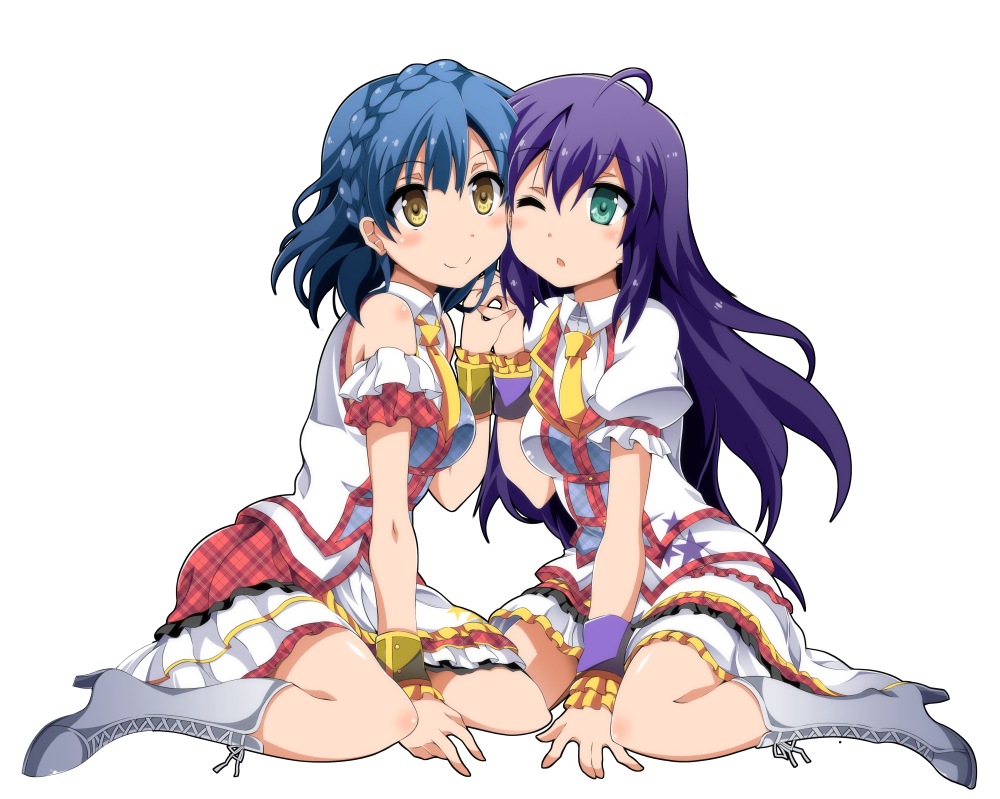 10s, 2girls, :o, ahoge, bare_shoulders, blue_hair, blush, boots, braid, breasts, cheek-to-cheek, dreaming_stars_(idolmaster), face-to-face, frilled_cuffs, frills, full_body, green_eyes, hair_between_eyes, heads_together, holding_hands, idolmaster, idolmaster_million_live!, knee_boots, lace-up_boots, long_hair, looking_at_viewer, medium_breasts, mochizuki_anna, multiple_girls, nanao_yuriko, one_eye_closed, open_mouth, puffy_short_sleeves, puffy_sleeves, purple_hair, short_hair, short_sleeves, sitting, sleeveless, smile, star_(symbol), train_90, wariza, wrist_cuffs, yellow_eyes