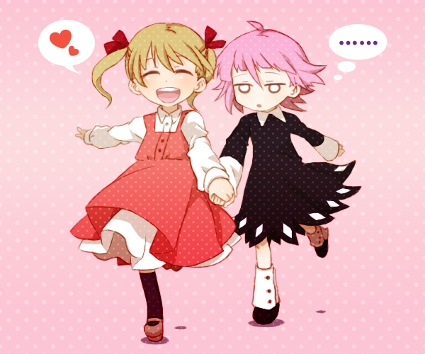 00s, androgynous, black_dress, blonde_hair, blouse, child, crona_(soul_eater), dress, closed_eyes, gender_request, hair_ribbon, happy, heart, holding_hands, maka_albarn, mary_janes, mot, open_mouth, pink_background, pink_hair, polka_dot, polka_dot_background, red_dress, ribbon, running, shirt, shoes, short_hair, smile, socks, soul_eater, spoken_heart, twintails, aged_down