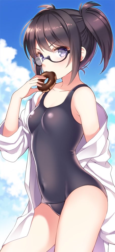 1girl, bare_shoulders, bemani, black_hair, blush, breasts, cloud, collarbone, covered_navel, cowboy_shot, day, donut, eating, female_focus, food, glasses, holding, holding_food, lab_coat, looking_at_viewer, off_shoulder, one-piece_swimsuit, outdoors, pop'n_music, purple_eyes, root@chou_dou-ken, school_swimsuit, shouni_(sato3), small_breasts, solo, standing, swimsuit, twintails, undressing