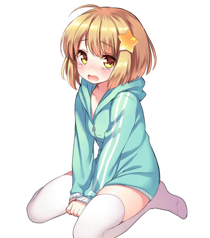 1girl, ahoge, bemani, between_legs, blush, brown_hair, clenched_hand, collarbone, female_focus, hair_ornament, hand_between_legs, hood, hooded_track_jacket, jacket, kaorin_(pop'n_music), long_sleeves, looking_at_viewer, nose_blush, open_mouth, original, pop'n_music, shouni_(sato3), simple_background, sleeves_past_wrists, solo, star_(symbol), star_hair_ornament, tears, thighhighs, track_jacket, v_arms, wavy_mouth, white_background, white_thighhighs, yellow_eyes