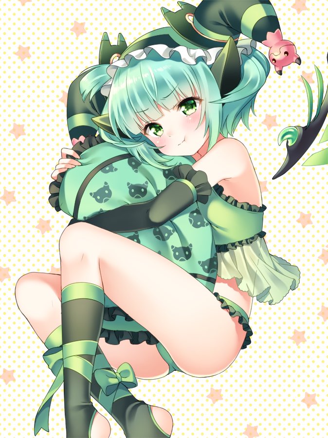 1girl, :t, astaroth_(p&amp;d), black_socks, blunt_bangs, blush, detached_sleeves, eyebrows