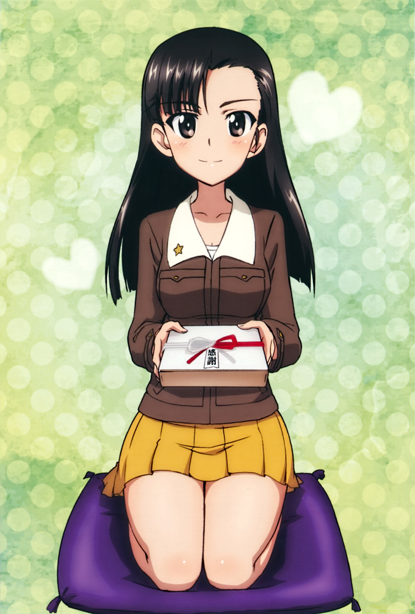 10s, 1girl, asymmetrical_bangs, black_hair, brown_eyes, brown_jacket, chi-hatan_military_uniform, cushion, female_focus, gift, girls_und_panzer, highres, jacket, long_hair, nishi_kinuyo, official_art, pleated_skirt, seiza, sino, sitting, skirt, solo, sugimoto_isao, yellow_skirt, zabuton