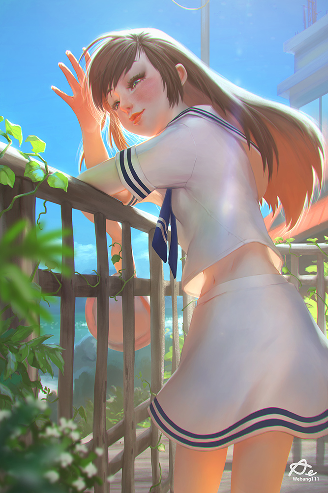 1girl, akekarat_sumatchaya, artist_name, blouse, blue_eyes, blue_sky, blush, brown_hair