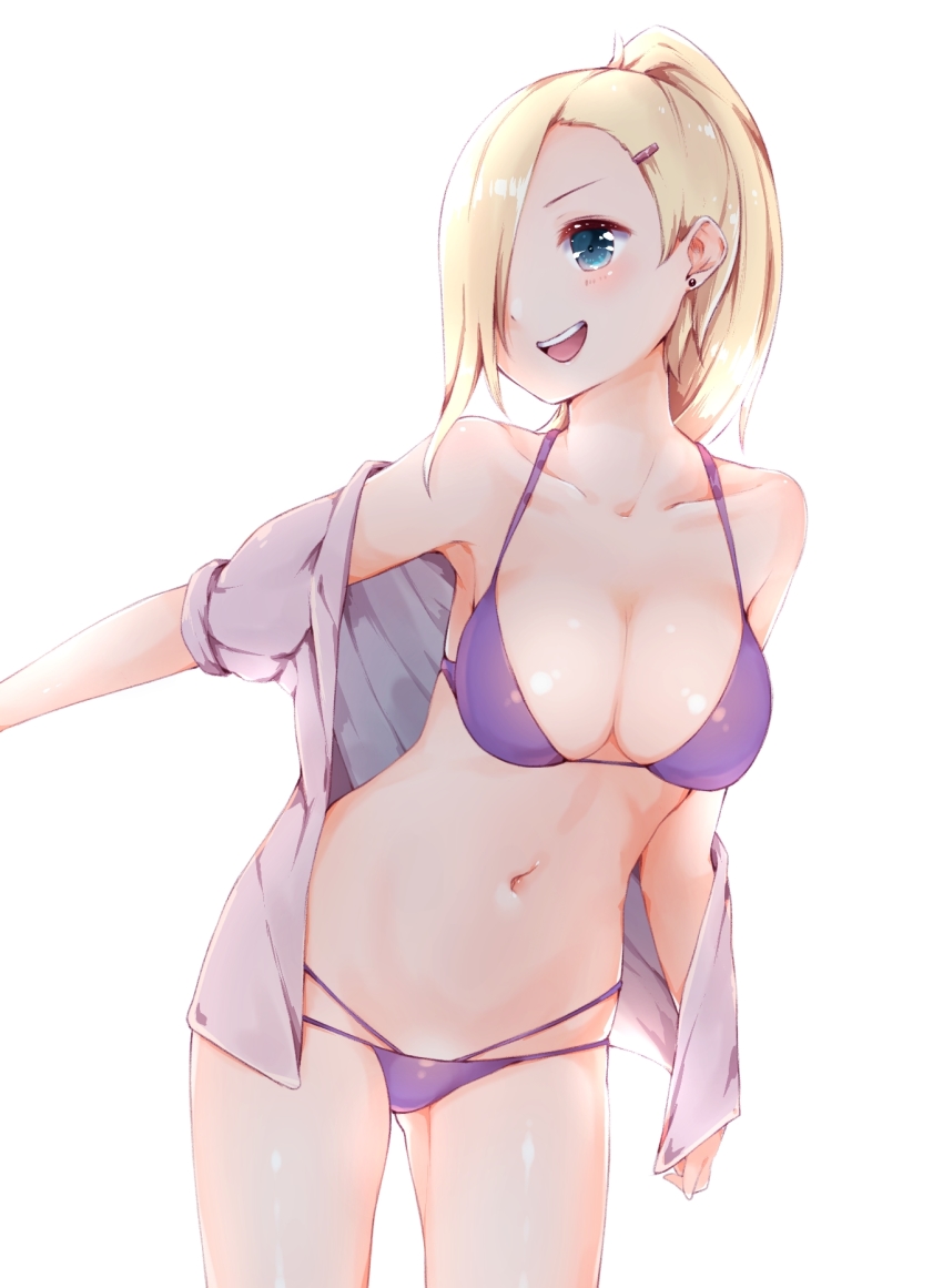 1girl, :d, arm_at_side, azuki_(krps-hano), backlighting, bad_id, bad_pixiv_id, bikini, bikini_under_clothes, blonde_hair, blue_eyes, breasts, cleavage, collarbone, cowboy_shot, earrings, female_focus, hair_ornament, hair_over_one_eye, hairclip, halterneck, highres, jewelry, large_breasts, leaning_forward, legs_apart, long_hair, looking_back, manatsuki_manata, multi-strapped_bikini_bottom, naruto_(classic), naruto_(series), navel, off_shoulder, one_eye_covered, open_clothes, open_mouth, open_shirt, outstretched_arm, ponytail, puffy_short_sleeves, puffy_sleeves, purple_bikini, shirt, short_sleeves, simple_background, smile, solo, stomach, string_bikini, stud_earrings, swimsuit, swimsuit_under_clothes, white_background, yamanaka_ino