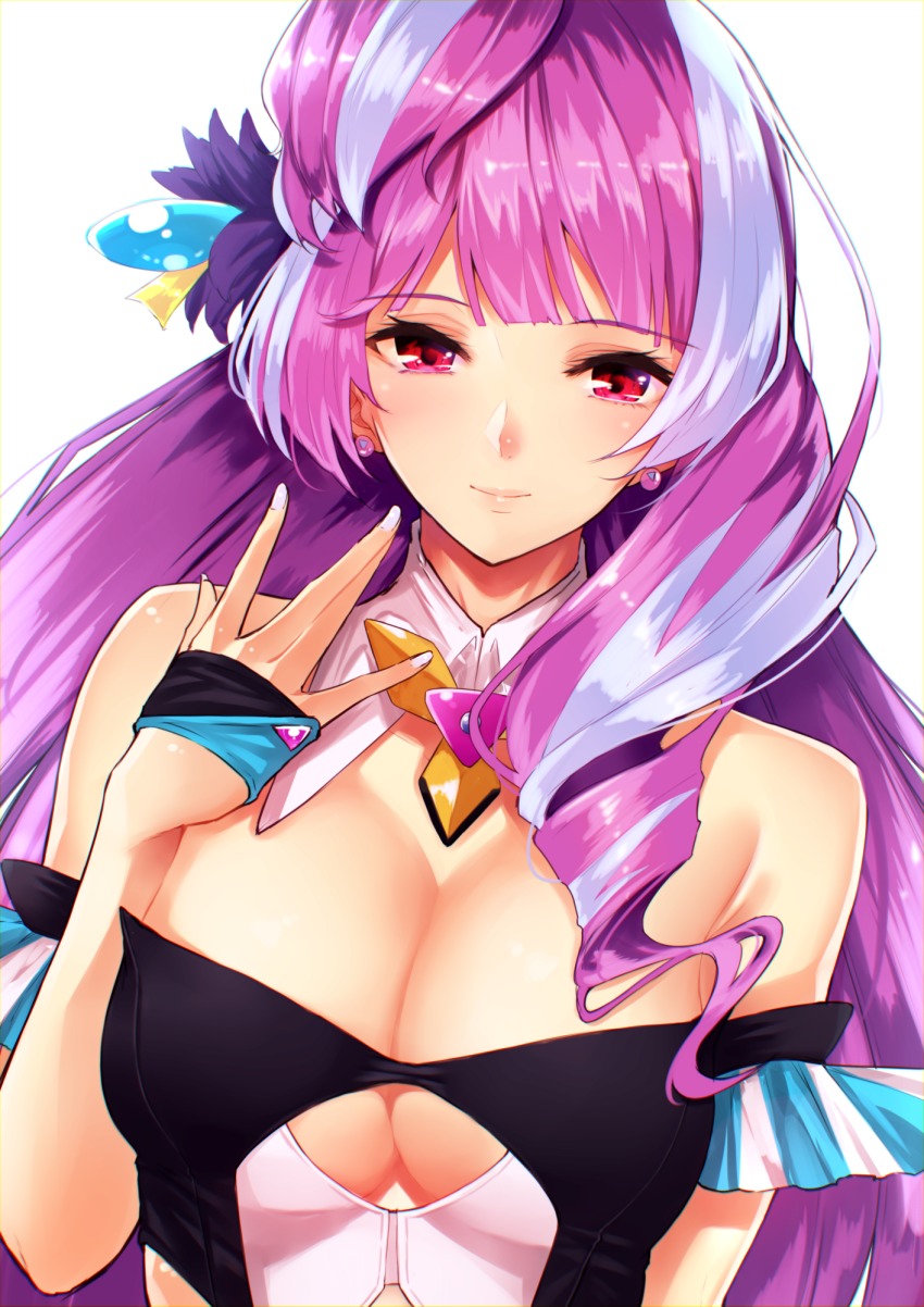 10s, 1girl, bare_shoulders, blue_hair, blush, bokokichi_(you), breasts, cleavage, cleavage_cutout, close-up, clothing_cutout, commentary_request, detached_collar, dress, earrings, female_focus, hair_ornament, highres, jewelry, large_breasts, lips, long_hair, looking_at_viewer, macross, macross_delta, mikumo_guynemer, multicolored_hair, nail_polish, neck, off-shoulder_dress, off_shoulder, purple_hair, red_eyes, smile, solo, streaked_hair, two-tone_hair, upper_body, walkure_(macross_delta)