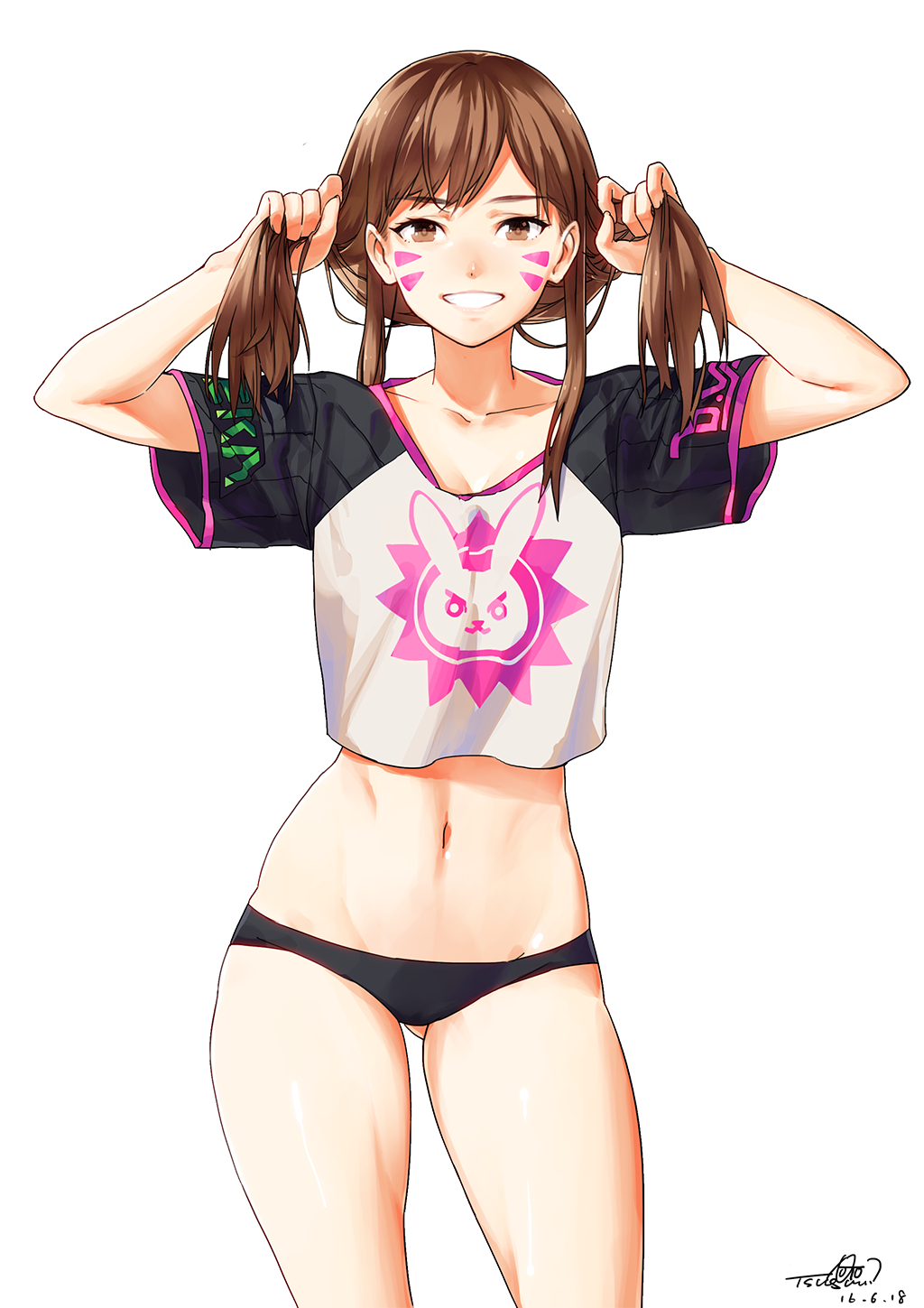 1girl, adjusting_hair, black_panties, brown_eyes, brown_hair, bunching_hair, collarbone, contrapposto, cowboy_shot, d.va_(overwatch), dated, derivative_work, facial_mark, female_focus, grin, highres, long_hair, looking_at_viewer, midriff, navel, no_pants, noto_tsugumi, overwatch, overwatch_1, panties, short_sleeves, signature, simple_background, smile, solo, standing, stomach, underwear, whisker_markings, white_background