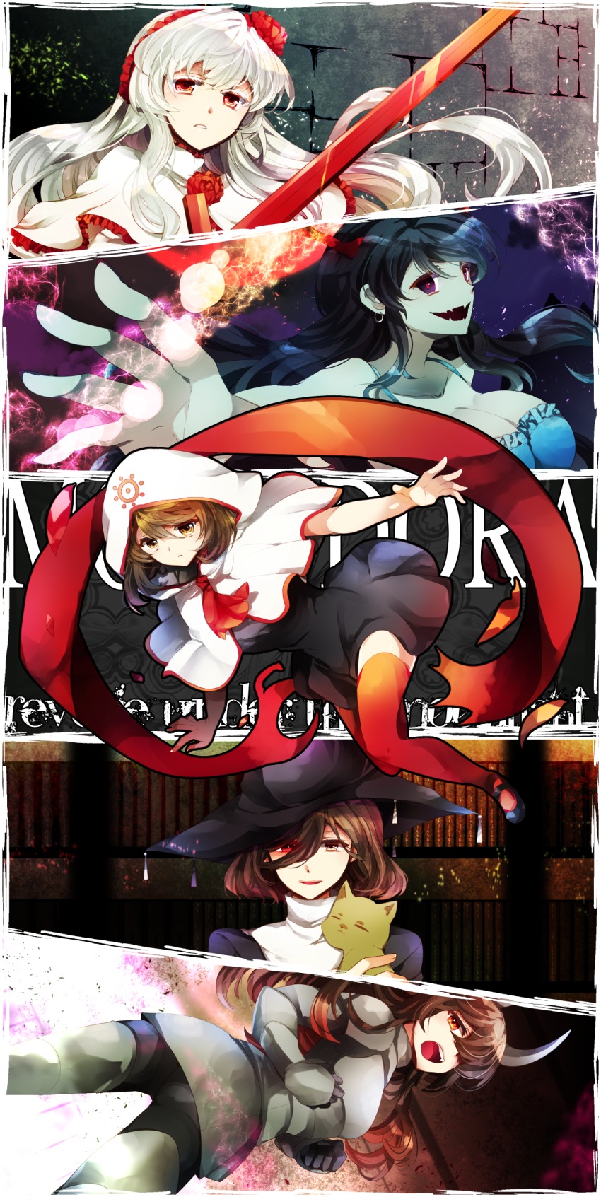 5girls, absurdres, akatsuki_yakyou, armor, bare_shoulders, black_dress, black_footwear, black_hair