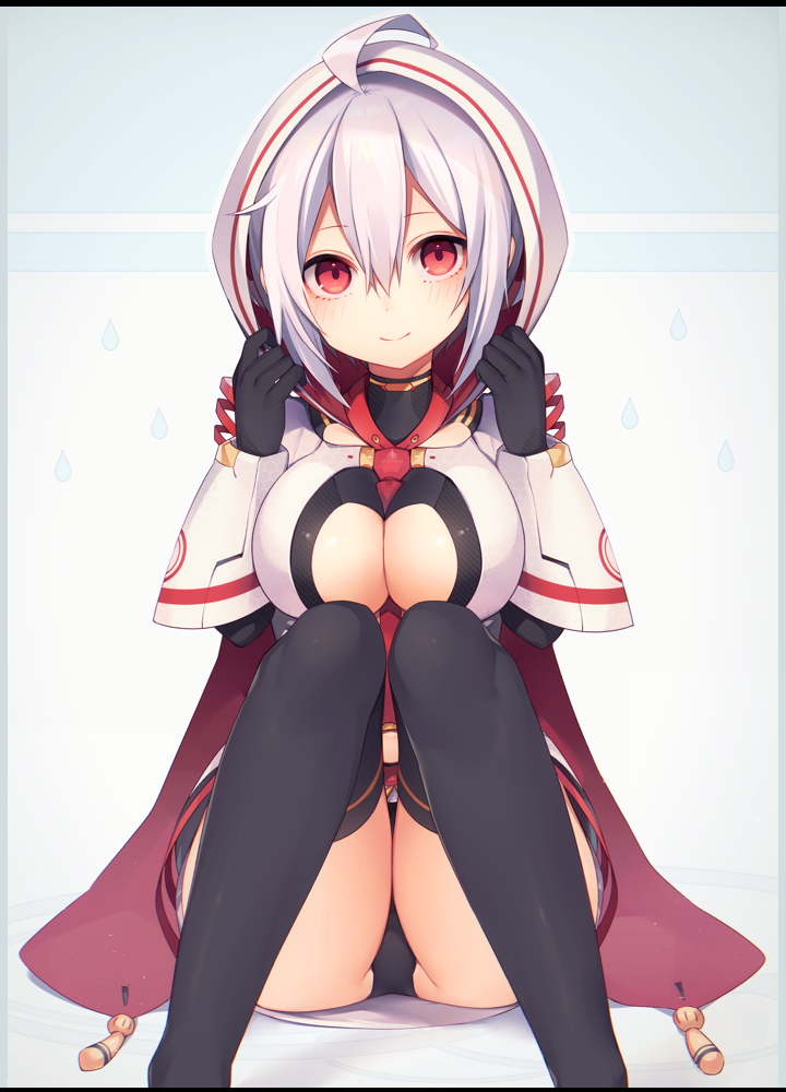 1girl, ahoge, albino, bad_id, bad_pixiv_id, between_breasts, black_thighhighs, blush