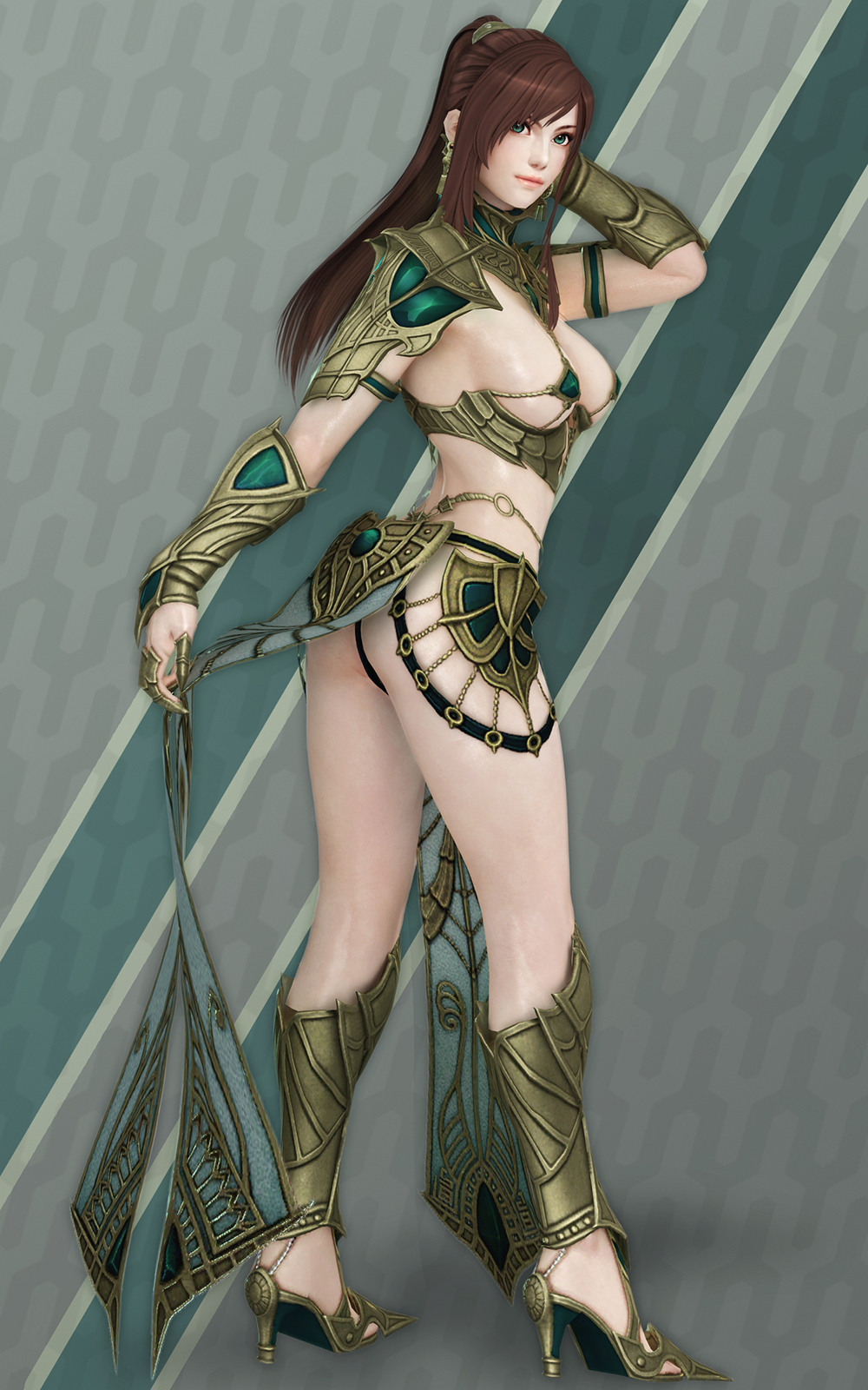 1girl, 3d, armor, ass, bikini_armor, breasts, brown_hair, covered_erect_nipples