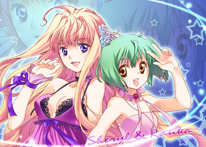 00s, 2girls, bare_shoulders, blonde_hair, breasts, brown_eyes, choker, cleavage