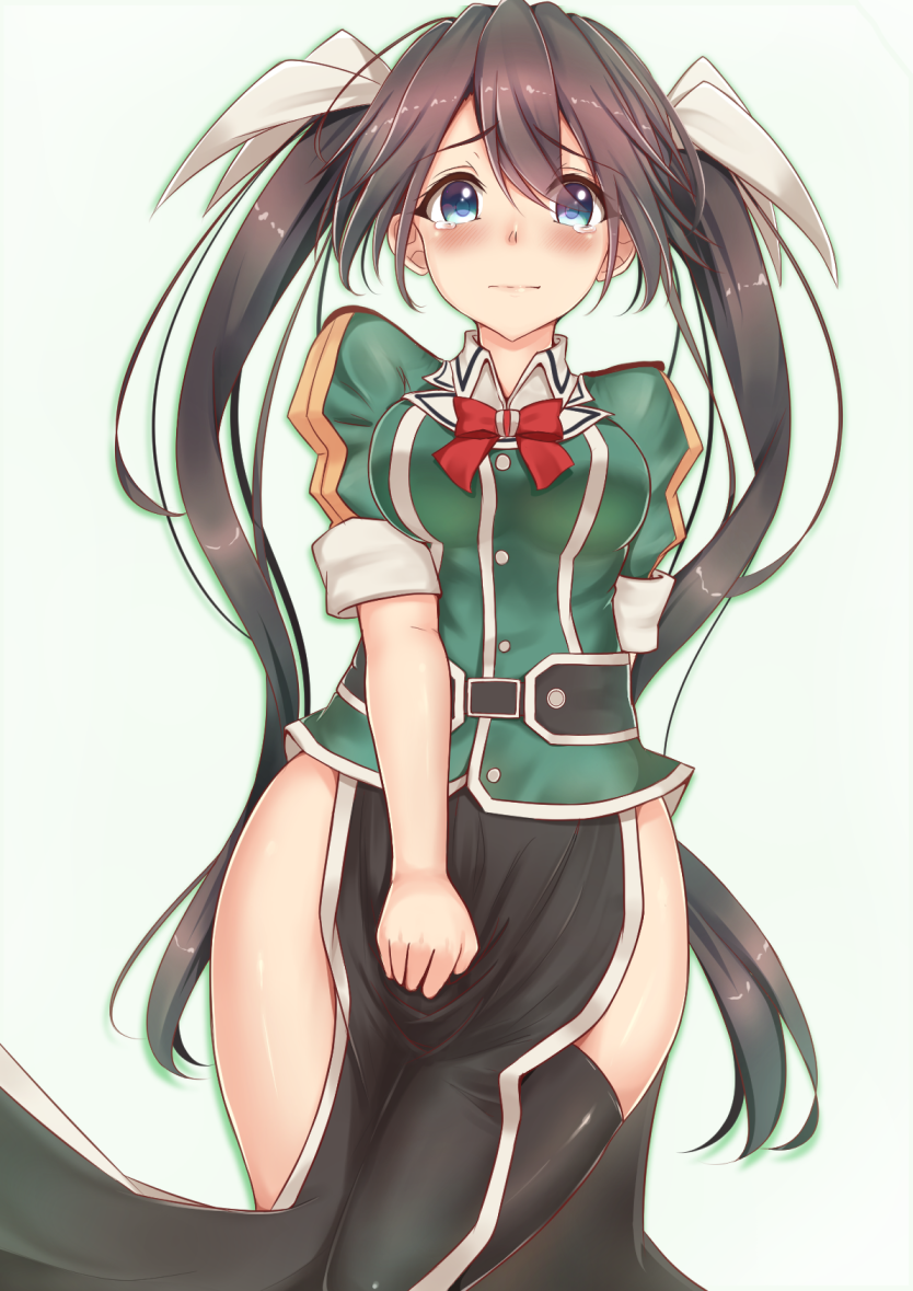 1girl, asymmetrical_legwear, black_skirt, blue_eyes, blush, bow, bowtie, brown_hair