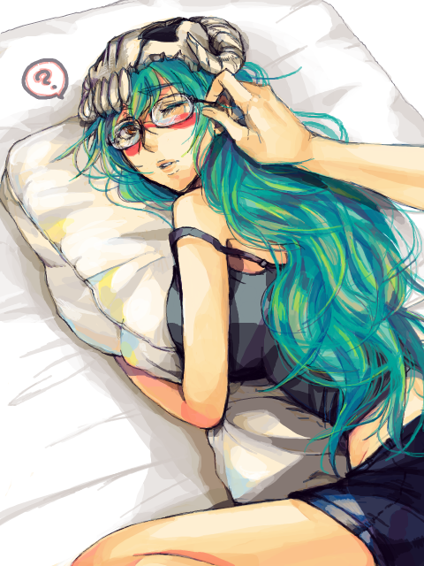 1girl, ?, arrancar, bespectacled, bleach, breast_press, breasts, brown_eyes, dakimakura_(object), facial_mark, glasses, green_hair, large_breasts, long_hair, lying, midriff, muku_(midoriiro), muku_(tegaki), nelliel_tu_odelschwanck, hugging_object, on_stomach, one_eye_closed, pillow, pillow_hug, pov, pov_hands, shorts, skull, solo_focus, spoken_question_mark, tank_top