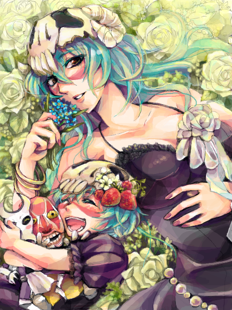 2girls, :d, arrancar, bleach, breasts, cleavage, closed_eyes, dondochakka_birstanne