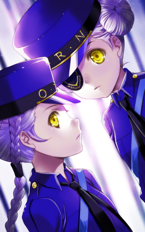 10s, 2girls, braid, caroline_(persona_5), double_bun, eyepatch, hair_bun, justine