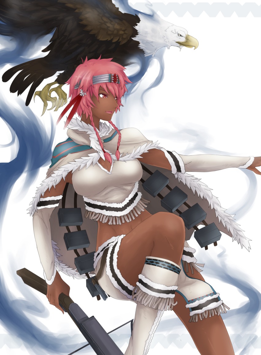1girl, bird, bow_(weapon), braid, breasts, cape, crossbow, dark_skin, eagle, feathers, headband, highres, large_breasts, lips, pink_hair, sennen_sensou_aigis, sue_(sennen_sensou_aigis), tribal, weapon
