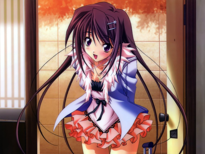 1girl, arms_behind_back, blush, dress, female_focus, frills, fur, hair_ornament