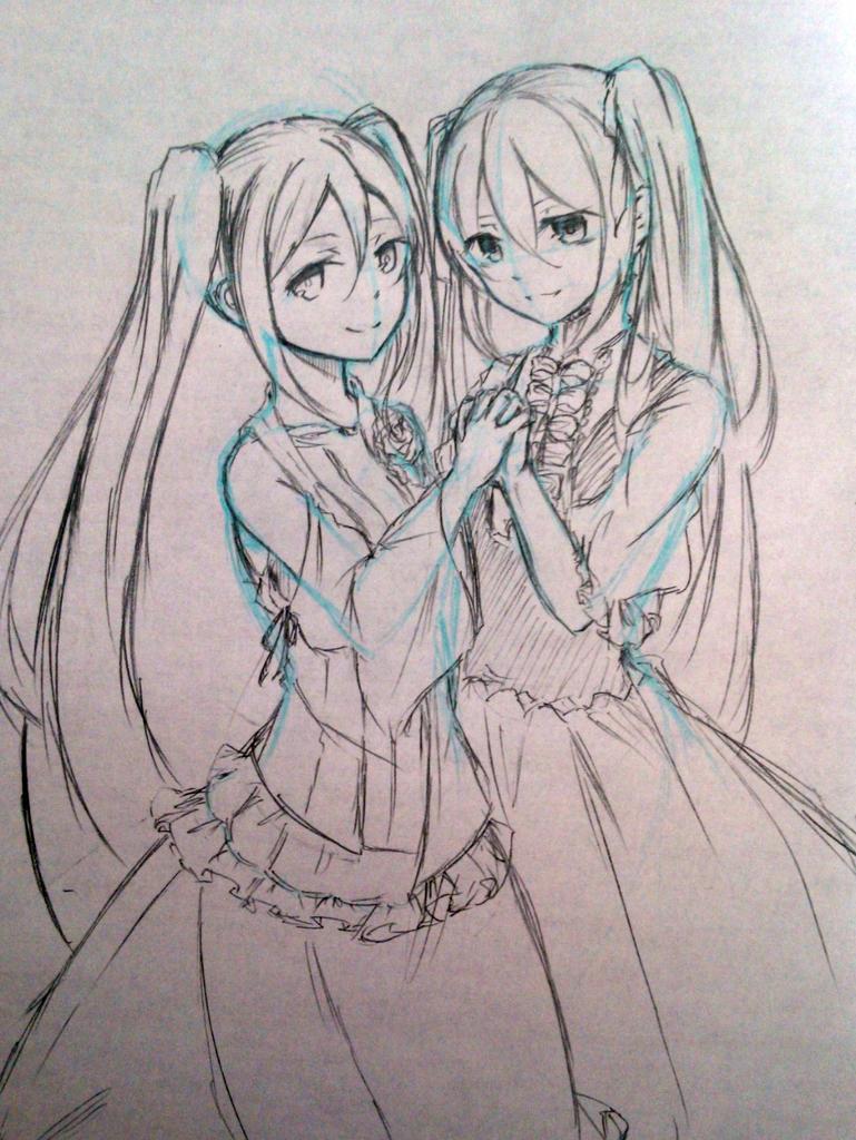 2girls, commentary_request, creator_connection, detached_sleeves, dress, dual_persona, empty_eyes, eve_moonlit, evil_smile, evillious_nendaiki, flower, frilled_dress, frills, graphite_(medium), hair_ribbon, hatsune_miku, holding_hands, long_hair, margarita_blankenheim, mayo_(mayone-u), monochrome, moonlit_bear_(vocaloid), multiple_girls, nemurase_hime_kara_no_okurimono_(vocaloid), ribbon, selfcest, short_sleeves, sketch, smile, songover, spoilers, traditional_media, twintails, very_long_hair, vocaloid, yuri