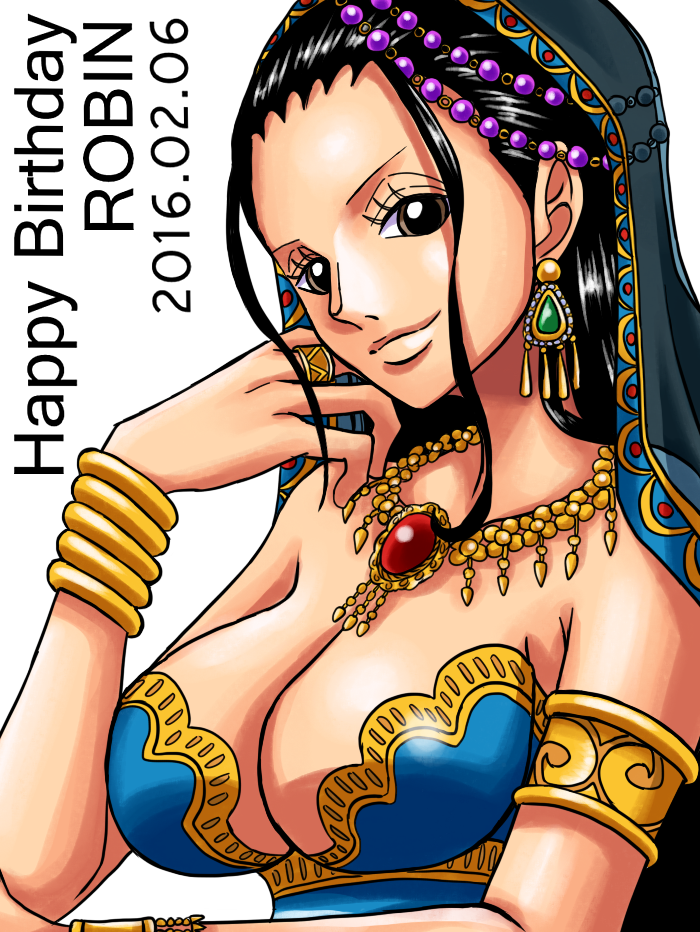1girl, armlet, bare_shoulders, black_hair, bracelet, breasts, brown_eyes, character_name, cleavage, dated, dress, earrings, female_focus, hair_slicked_back, hand_on_own_cheek, hand_on_own_face, happy_birthday, harem_outfit, jewelry, kiyu_(zuyu), large_breasts, long_hair, looking_at_viewer, necklace, nico_robin, one_piece, ring, smile, solo, strapless, strapless_dress, upper_body, veil