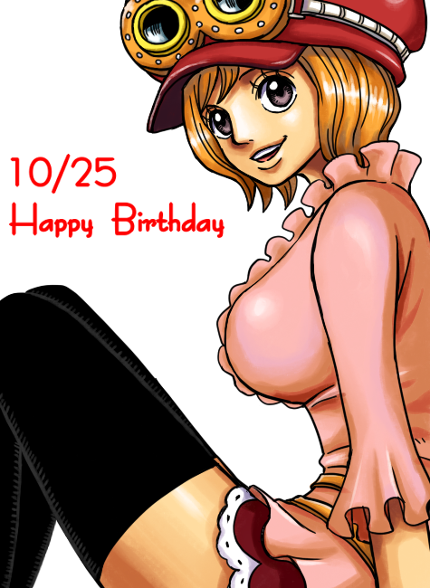 1girl, black_thighhighs, blonde_hair, blouse, breasts, female_focus, goggles, goggles_on_headwear