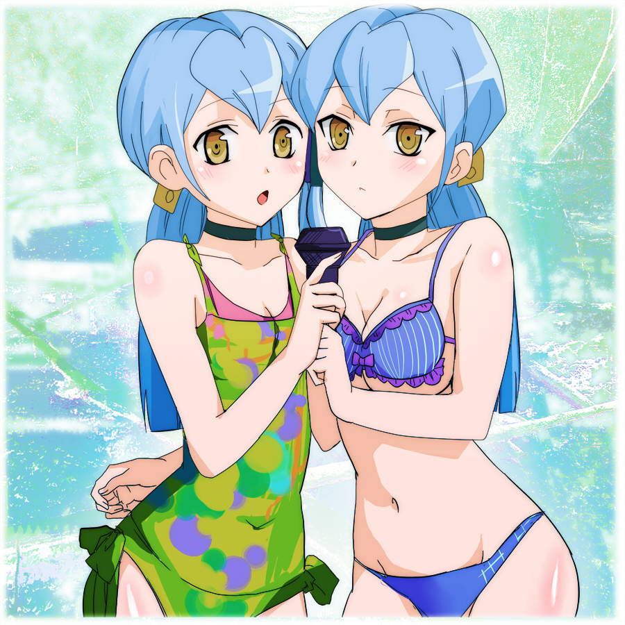 10s, 2girls, bare_shoulders, bikini, blue_bikini, blue_hair, blush, breasts, cardfight!!_vanguard, charlene_chen, choker, cleavage, cowering, gillian_chen, hair_ornament, hair_tubes, hidaka_kazuma, long_hair, looking_at_viewer, multiple_girls, navel, one-piece_swimsuit, open_mouth, siblings, sisters, swimsuit, tareme, tsurime, twins, yellow_eyes