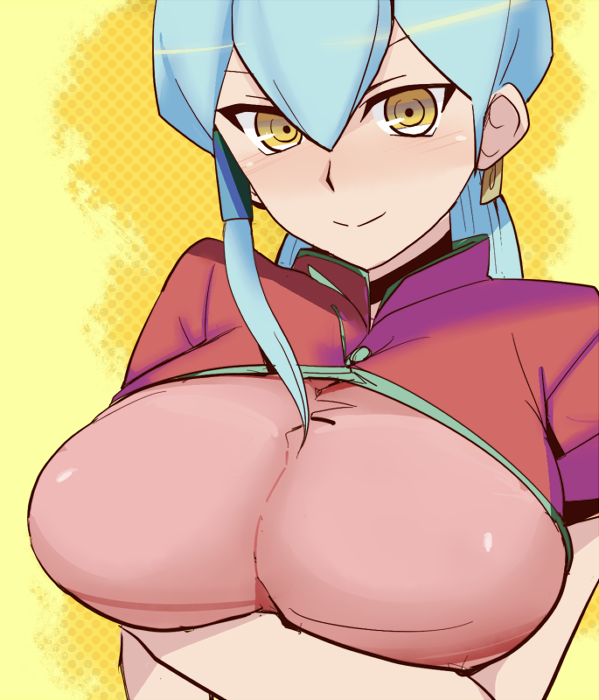 10s, 1girl, blue_hair, blush, breast_hold, breasts, cardfight!!_vanguard, chinese_clothes