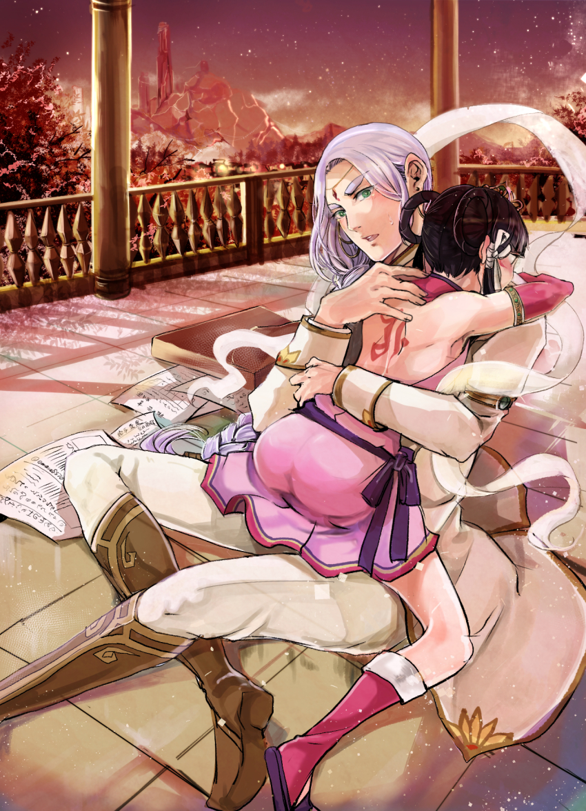 1boy, 1girl, ace_attorney, ass, bare_back, black_hair, blush, book, boots, bow, brother_and_sister, detached_sleeves, dress, facial_mark, green_eyes, hair_rings, height_difference, hetero, highres, hug, long_hair, muri_(pan'ichi_murimuri_geinin), nahyuta_sahdmadhi, phoenix_wright:_ace_attorney_-_spirit_of_justice, pink_dress, purple_bow, rayfa_padma_khura'in, short_hair, siblings, sidelocks, silver_hair, sitting, sitting_on_lap, sitting_on_person, tattoo, tiara, toeless_footwear