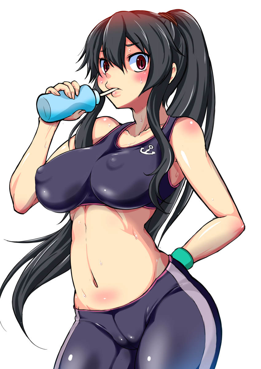 10s, 1girl, absurdres, alternate_costume, anchor_symbol, bare_shoulders, black_hair, blush, breasts, commentary_request, covered_erect_nipples, female_focus, highres, kantai_collection, large_breasts, long_hair, looking_at_viewer, masakichi_(heppouku), navel, ponytail, red_eyes, solo, sports_bra, sportswear, yahagi_(kancolle)