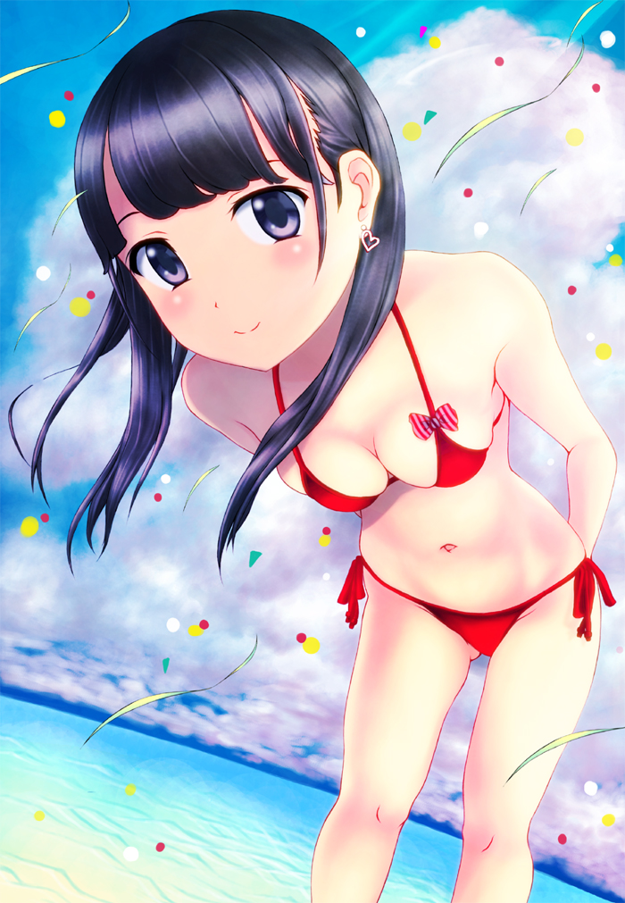 1girl, arms_behind_back, bikini, black_eyes, black_hair, blush, breasts, cleavage