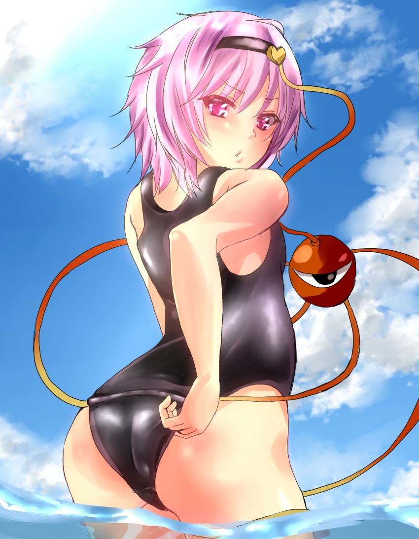 1girl, adjusting_clothes, adjusting_swimsuit, alternate_costume, arm_at_side, ass, bad_id, bad_pixiv_id