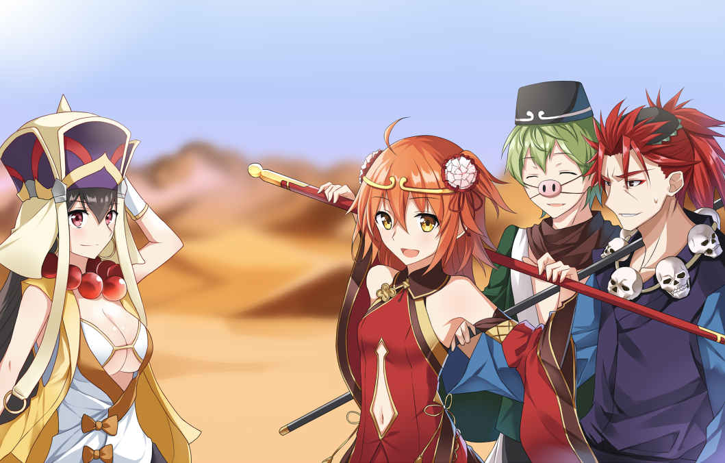 2boys, 2girls, ahoge, bare_shoulders, beads, bikini, bikini_top_only, black_hair, breasts, circlet, cleavage, closed_eyes, clothing_cutout, david_(fate), david_(fate/apocrypha), david_(the_three_great_heroes)_(fate), detached_sleeves, dress, earrings, fate/grand_order, fate_(series), flower, fujimaru_ritsuka_(female), fujimaru_ritsuka_(female)_(the_three_great_heroes), green_hair, hair_flower, hair_ornament, hair_ribbon, hat, jewelry, journey_to_the_west, large_breasts, li_shuwen_(fate), li_shuwen_(fate/grand_order), li_shuwen_(the_three_great_heroes)_(fate), li_shuwen_(young)_(fate), long_hair, multiple_boys, multiple_girls, navel, navel_cutout, official_alternate_costume, polearm, ponytail, prayer_beads, red_eyes, red_hair, ribbon, ruyi_jingu_bang, short_hair, smile, staff, swimsuit, tsuezu, two_side_up, weapon, xuangzang_sanzang_(fate), yellow_eyes