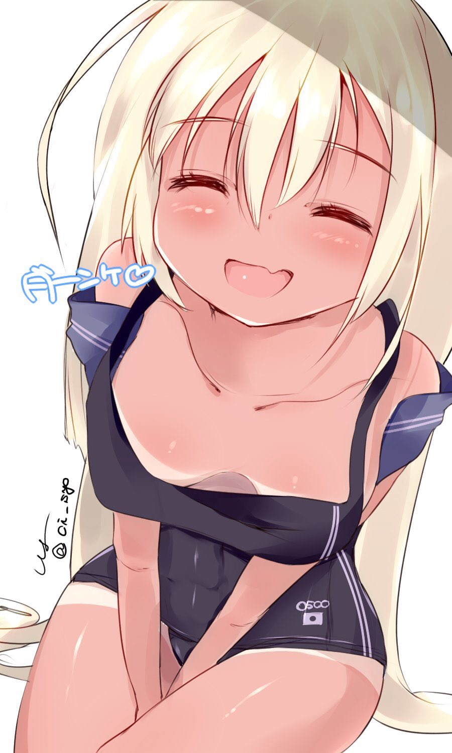 10s, 1girl, between_legs, blonde_hair, downblouse, female_focus, hair_between_eyes, hand_between_legs