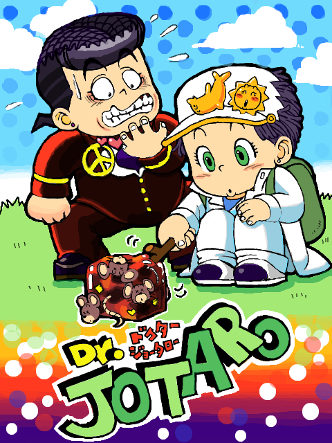 2boys, backpack, bag, black_hair, clenched_teeth, cloud, dr._slump, flying_sweatdrops