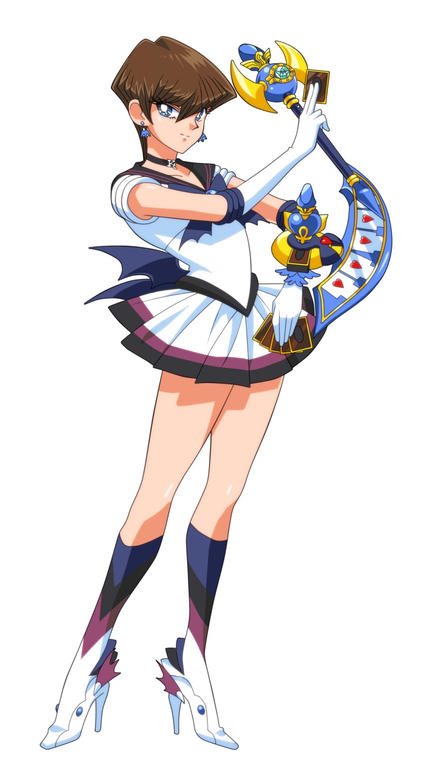 1girl, bishoujo_senshi_sailor_moon, blue_eyes, brown_hair, card, choker, collarbone, cosplay, crossdressing, crossdressing_(ftm), duel_disk, earrings, elbow_gloves, female_focus, full_body, genderswap, genderswap_(mtf), gloves, high_heels, highres, holding, holding_card, jewelry, kaiba_seto, miniskirt, parody, pleated_skirt, rei_(islaya), sailor_senshi, sailor_senshi_(cosplay), short_hair, skirt, smile, solo, unofficial_sailor_senshi_uniform, white_gloves, yu-gi-oh!
