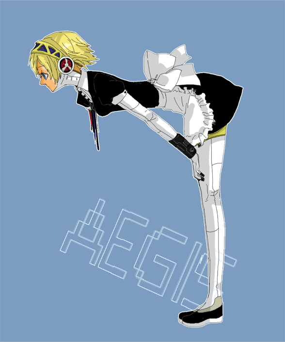 aigis_(persona), android, apron, atlus, bent_over, blonde_hair, blue_eyes, maid, maid_apron, persona, persona_3, short_hair, simple_background, solo, ten, ten_(ch)