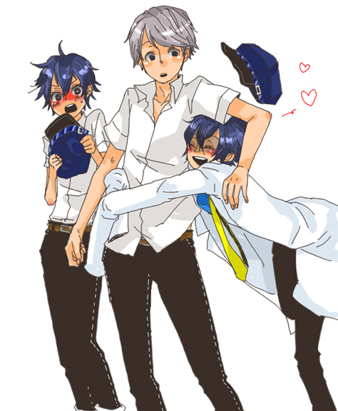 1boy, 2girls, androgynous, atlus, blue_hair, blush, newsboy_cap, glomp