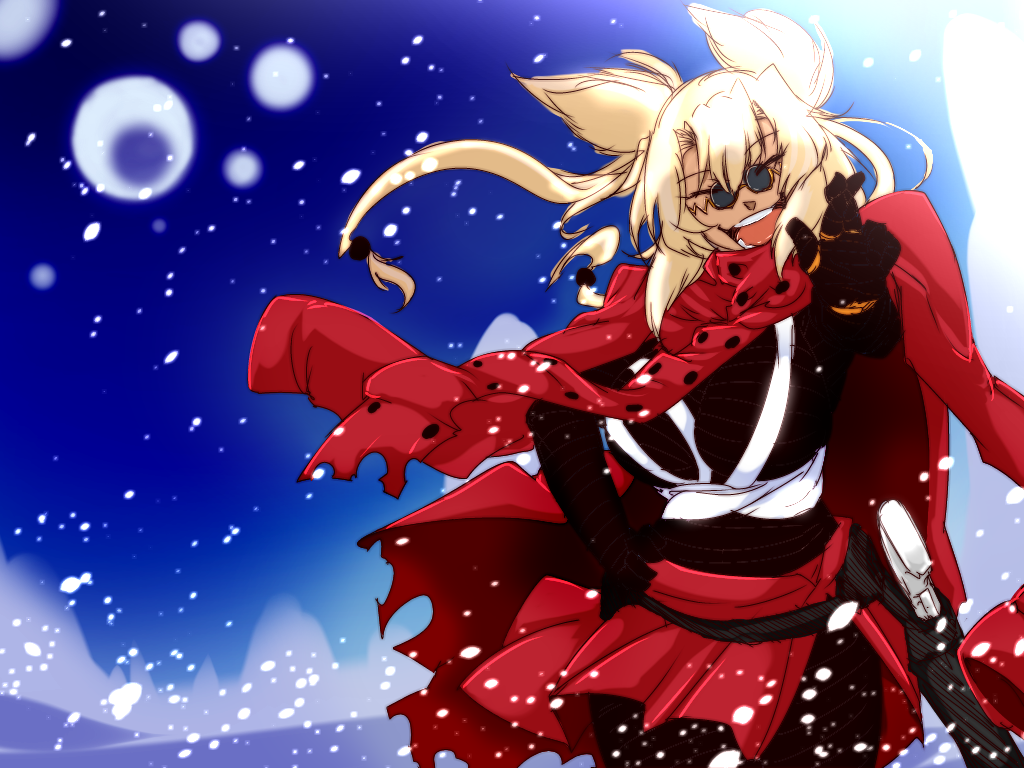 1girl, agl_arms_.45_long_colt, blonde_hair, break-action_revolver, breasts, budget_sarashi, closed_eyes, cosplay