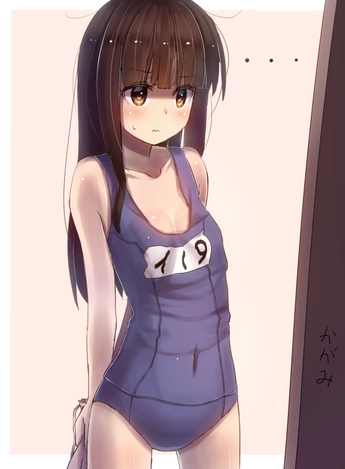 ..., 1girl, arms_behind_back, bag, bare_shoulders, blunt_bangs, breasts, brown_eyes