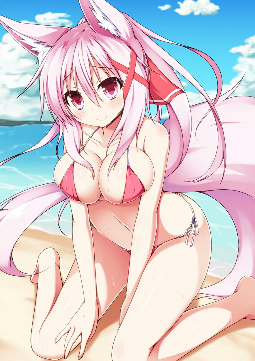1girl, animal_ears, beach, bikini, blush, breasts, breasts_squeezed_together, cleavage
