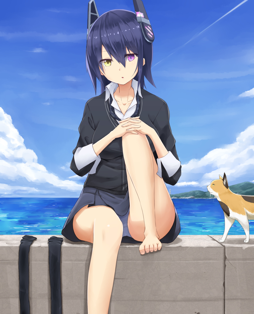 10s, 1girl, bad_anatomy, barefoot, breasts, cat, checkered_clothes, checkered_necktie