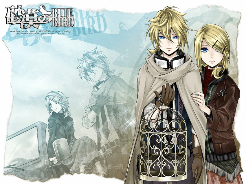 1boy, 1girl, alternate_hairstyle, artist_name, belt, black_pants, blonde_hair, blue_eyes, brother_and_sister, cage, cape, car, evillious_nendaiki, gloves, goggles, goggles_around_neck, google_glass, hair_ornament, hair_over_one_eye, hairclip, hand_on_another's_shoulder, jacket, kagamine_len, kagamine_rin, kitano_tomotoshi, leaning_on_person, leather, leather_gloves, leather_jacket, long_hair, long_skirt, military_jeep, motor_vehicle, necktie, official_art, pants, sabaku_no_bluebird_(vocaloid), shirt, siblings, side_ponytail, sitting, skirt, smile, song_name, turtleneck, vocaloid