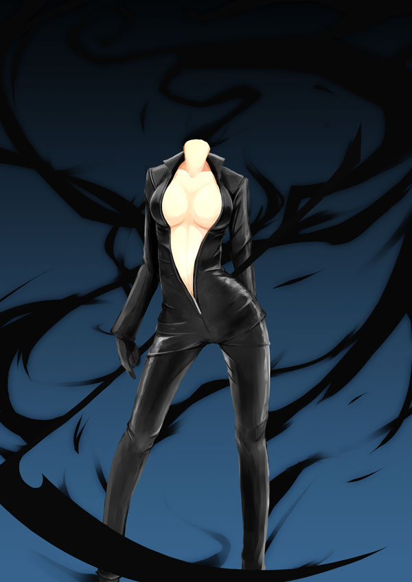 1girl, arm_behind_back, biker_clothes, bikesuit, black_bodysuit, blue_background, bodysuit, breasts