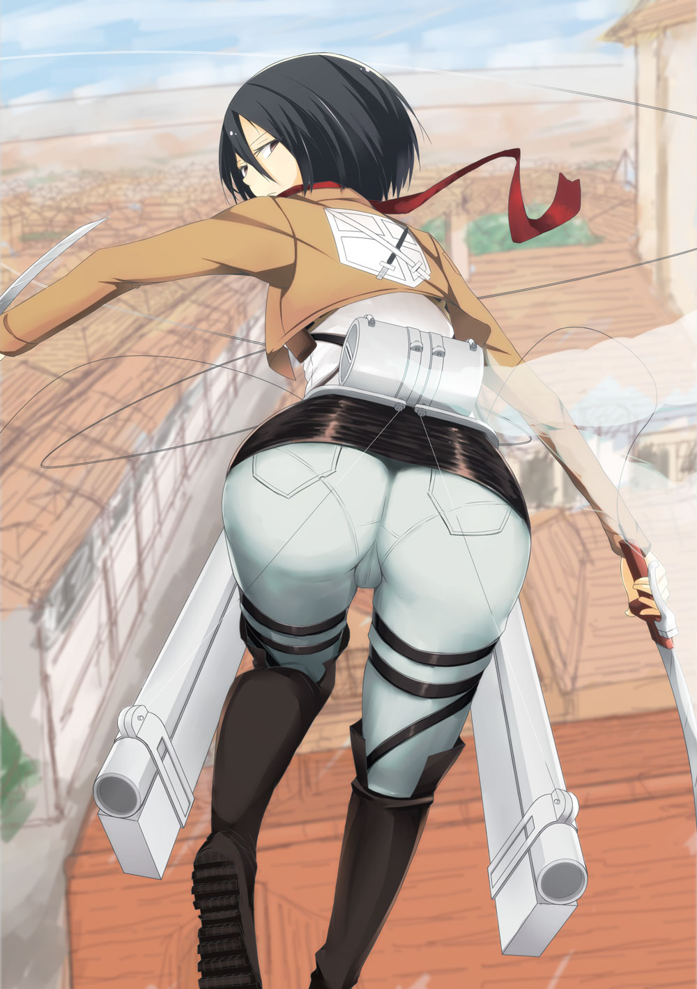 1girl, ass, black_eyes, black_hair, cameltoe, ckros-15, female_focus, from_behind, highres, looking_back, mikasa_ackerman, pantylines, rooftop, scarf, shingeki_no_kyojin, short_hair, solo, thigh_strap, three-dimensional_maneuver_gear