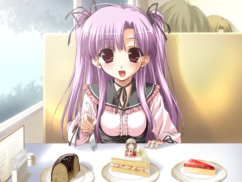 1girl, ahoge, blush, boy_meets_girl, cake, choker, dessert, dress