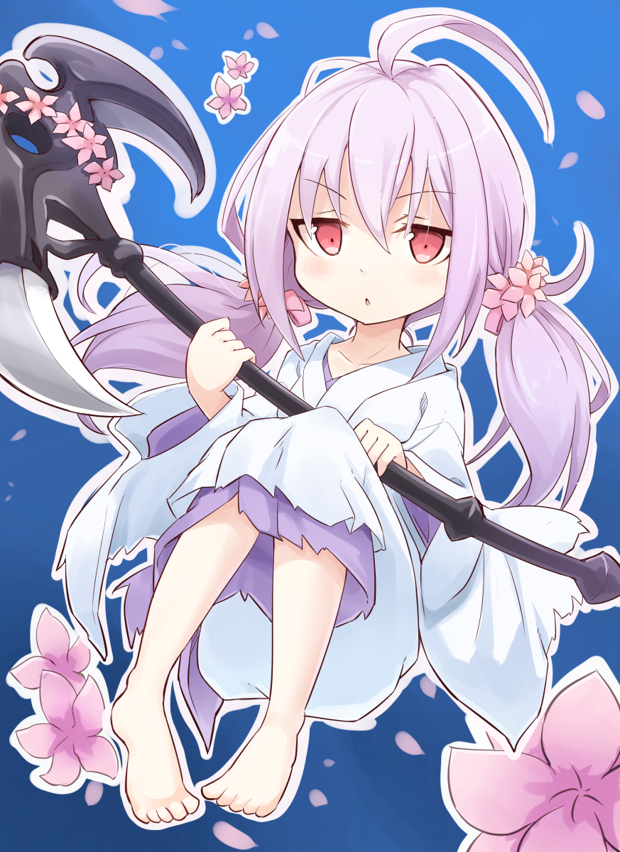 barefoot, demon_girl, duel_monster, ghost_reaper_&amp;_winter_cherries, highres, holding, holding_weapon, japanese_clothes